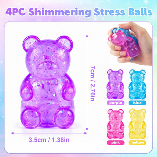 4 Pack Bear Squishy Fidget Toy, Glitter Bear Squishy Slow Rising Squeeze Sensory Stress Balls for Adults Kids Anxiety Relief Party Favor, Birthday Present Desk Toys