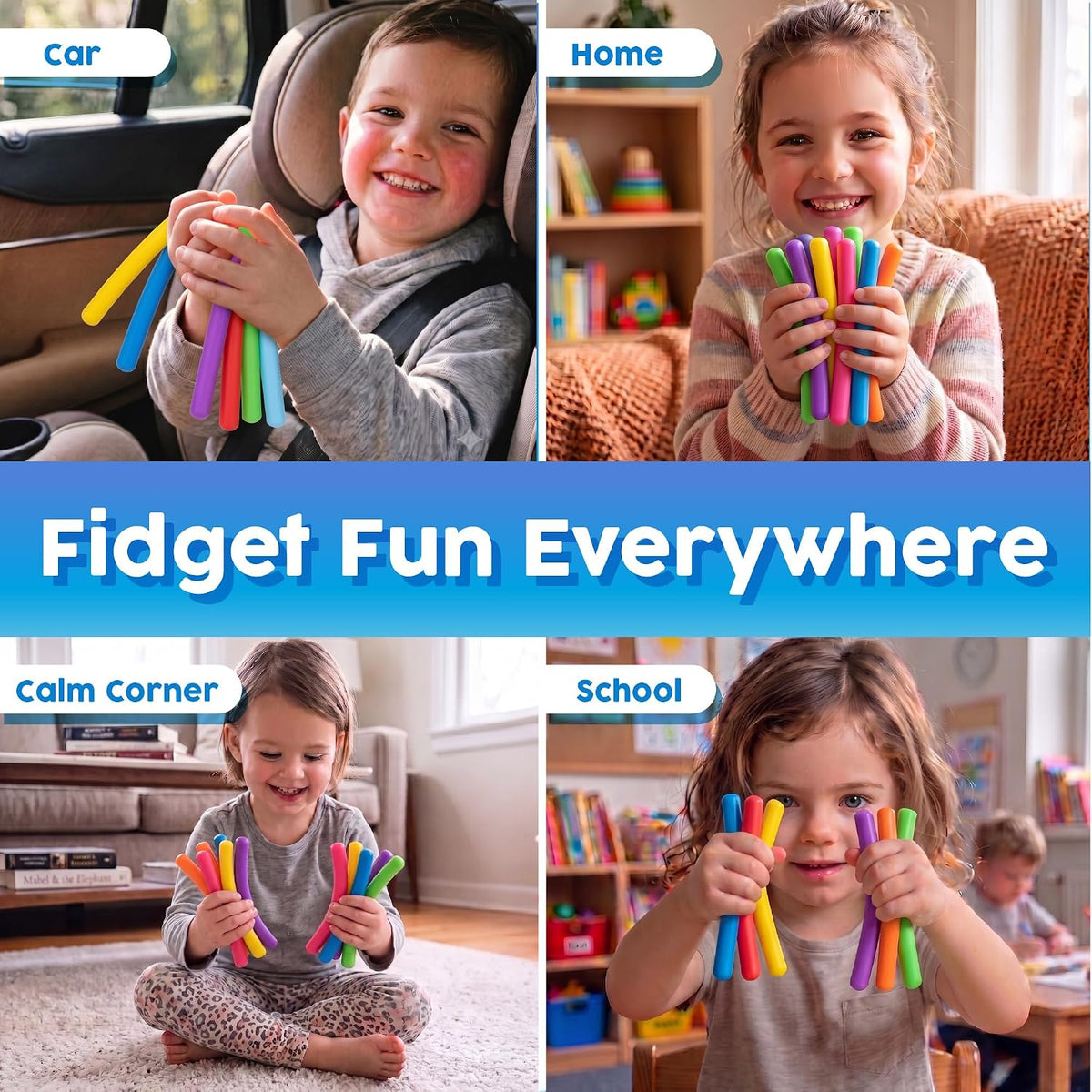 Sensory Toys Stretchy Strings - Stimulating & Addictive Fidget Toys for Kids - Hours of Fun for Kids - Non-Mouthable Toy 3+ - Mini Smooth 12 Pack