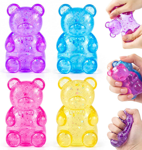 4 Pack Bear Squishy Fidget Toy, Glitter Bear Squishy Slow Rising Squeeze Sensory Stress Balls for Adults Kids Anxiety Relief Party Favor, Birthday Present Desk Toys